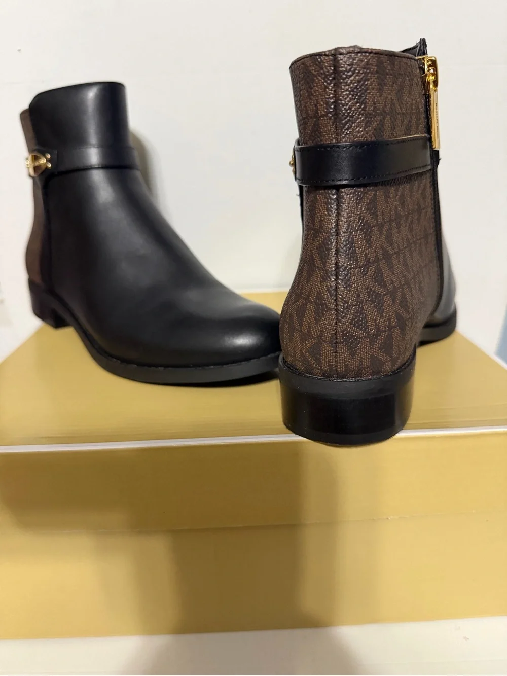 Michael Kors Black Leather Ankle Boots with Brown MK Panel